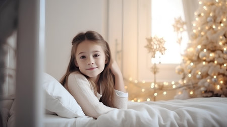 Portrait of cute little girl lying in bed at Christmas time.の素材