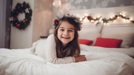 Cute little girl with curly hair lying on the bed in the room decorated for Christmasの素材