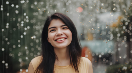 Portrait of a beautiful young asian woman smiling in the rainの素材