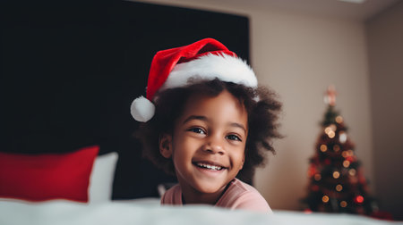 African american little girl in red santa hat looking at camera while sitting on bed at homeの素材