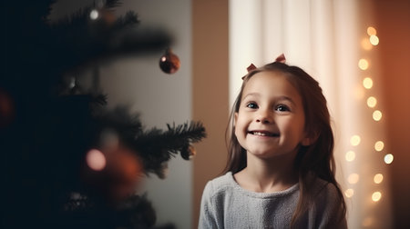 Portrait of a cute little girl in front of a Christmas treeの素材