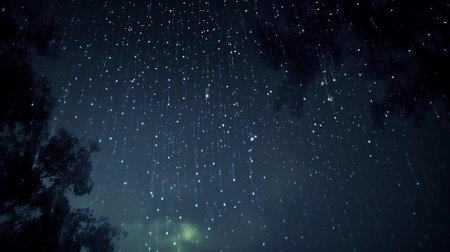 Rainy night sky with falling rain and trees, 3d illustrationの素材