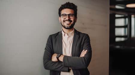 Portrait of a handsome young Indian man in a suit and glassesの素材