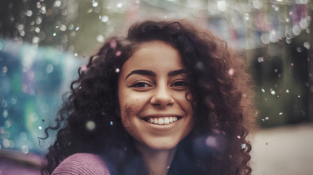Portrait of a beautiful young woman with curly hair in the rainの素材