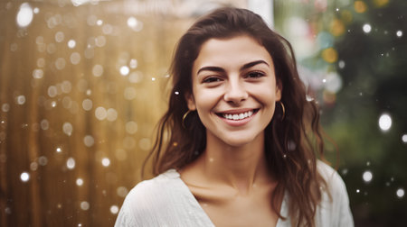 Portrait of a beautiful young woman smiling at the camera, outdoorsの素材