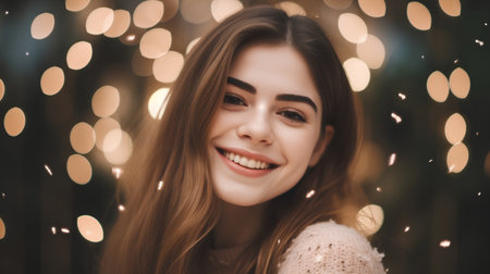 Portrait of a beautiful young girl with long hair on the background of the Christmas lights.の素材