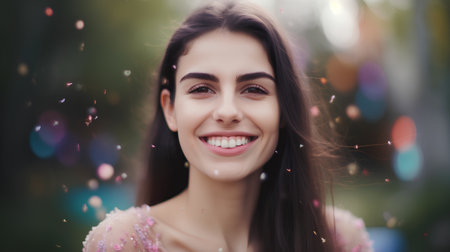 Closeup portrait of a beautiful young brunette woman smiling in the parkの素材