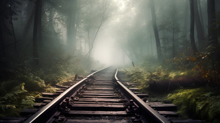 Railway tracks in a foggy forest at sunrise. Retro style.の素材