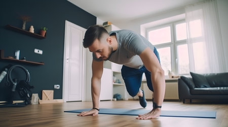 Young man doing push-ups in the living room at home.の素材