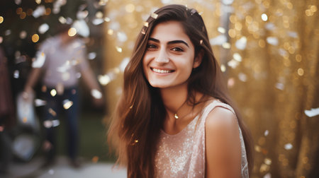 Portrait of a beautiful young woman on a background of golden lightsの素材