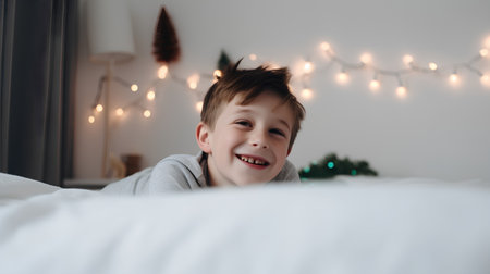 Portrait of a cute smiling little boy on the bed at homeの素材