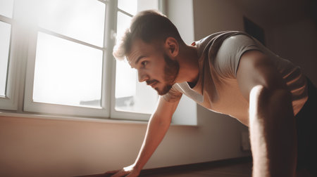 Young man doing stretching exercises near window at home. Sport, healthy lifestyle concept.の素材