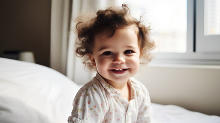 Portrait of a cute smiling baby girl on the bed at homeの素材