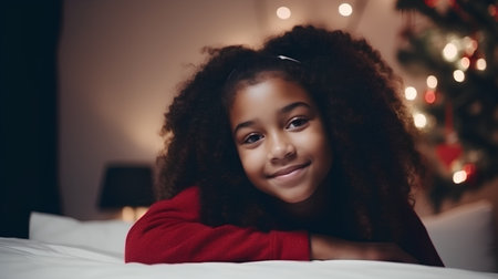 Portrait of cute african american girl lying on bed at homeの素材