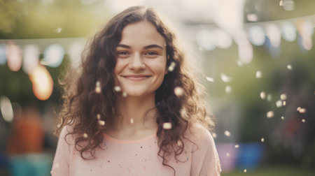 Portrait of beautiful young woman with long curly hair in the cityの素材
