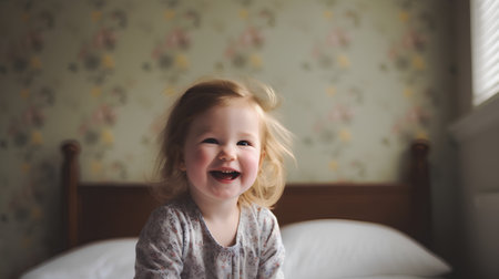 Portrait of a smiling little girl on the bed at home.の素材