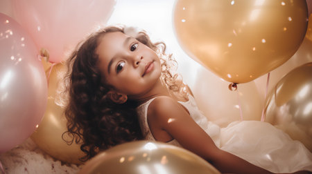 Portrait of a beautiful little girl with balloons at birthday party.の素材