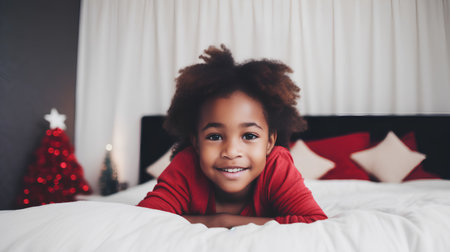 Portrait of a cute little African American girl smiling while lying on the bed at homeの素材