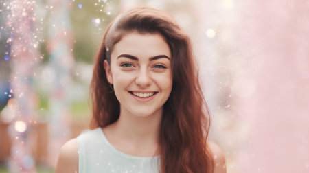 Portrait of a beautiful young woman on the background of the Christmas decorationsの素材
