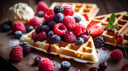 Belgian waffles with fresh berries on a wooden background. Selective focus.の素材