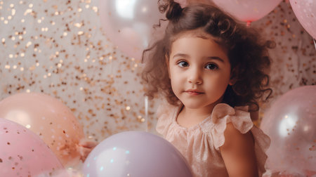 Portrait of a cute little girl with balloons and confetti.の素材