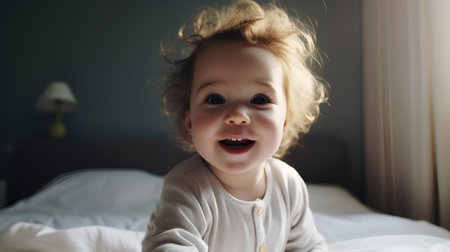 Portrait of a cute little girl with blond curly hair on the bedの素材