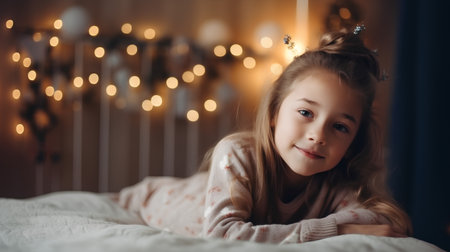 Cute little girl in pajamas at home on the bedの素材