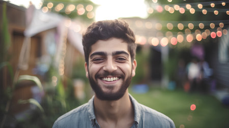 Portrait of a handsome young man with beard smiling at the cameraの素材