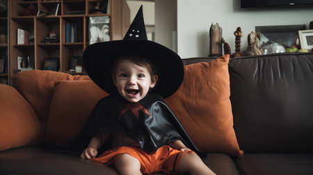 Little boy in halloween costume and hat sitting on sofa at homeの素材