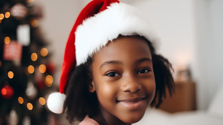 christmas, holidays and people concept - smiling african american little girl in santa helper hat over living room backgroundの素材