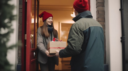 Young woman receiving a gift from a delivery man at the door.の素材