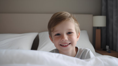 Portrait of a cute smiling little girl on the bed at homeの素材