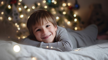 Portrait of a cute little boy on the bed with Christmas lights in the backgroundの素材