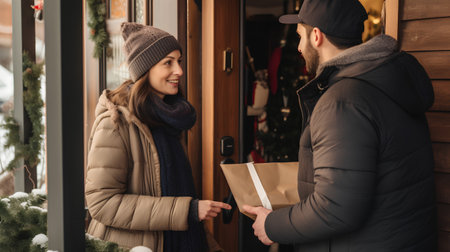 couple in winter clothes opening door of house with christmas presentsの素材