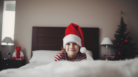 Portrait of a little girl in red Santa hat on the bedの素材