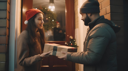 Couple in love with a gift on the doorstep of the houseの素材