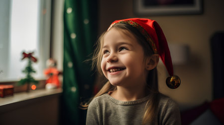 Portrait of a little girl in a red Santa Claus hat.の素材