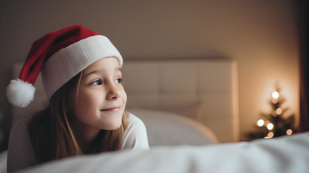 Cute little girl in santa hat on the bed at homeの素材