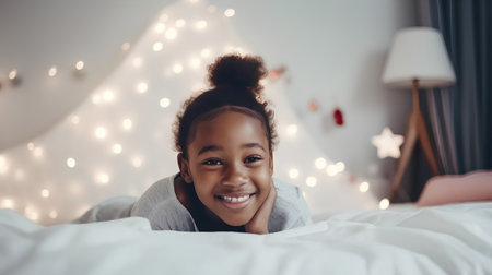 Portrait of a smiling african american girl lying in bedの素材