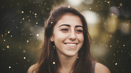 Portrait of a happy young woman smiling and looking at camera in the rainの素材