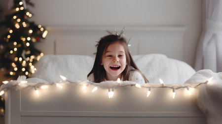 Cute little girl with a crown on her head sitting on the bed in front of the Christmas treeの素材