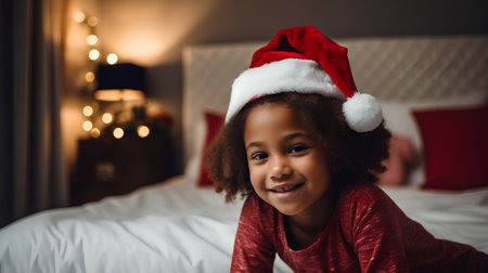 Portrait of a cute little girl in Santa hat on the bed at homeの素材