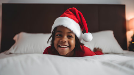 African american little girl in Santa hat lying on bed at homeの素材