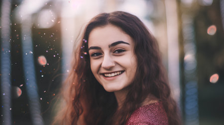 Portrait of a beautiful young woman with long brown hair in the park.の素材