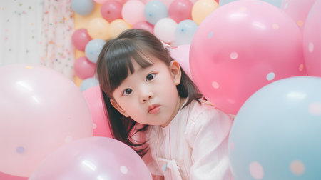 Portrait of cute little asian girl with balloons in birthday partyの素材