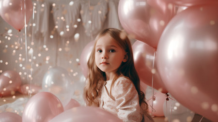 Cute little girl with pink balloons on her birthday party at homeの素材
