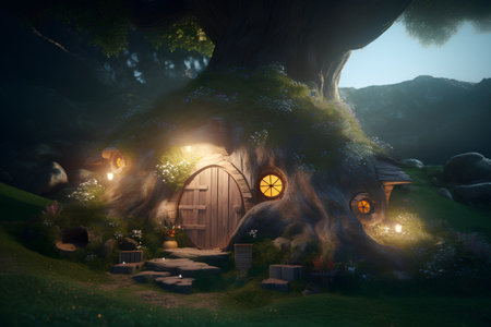 3D rendering of a fairy house in the forest with glowing lightsの素材