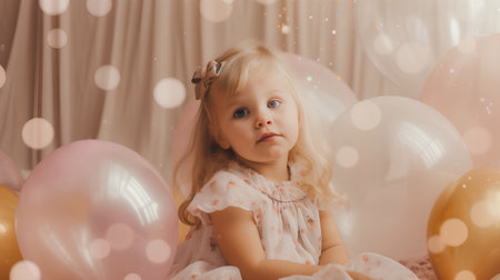 Portrait of a little girl with balloons on the background of the roomの素材