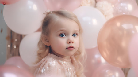 Portrait of a cute little girl with pink balloons on a gray backgroundの素材