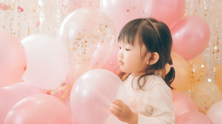 Asian cute girl playing with balloons in birthday party, vintage color toneの素材